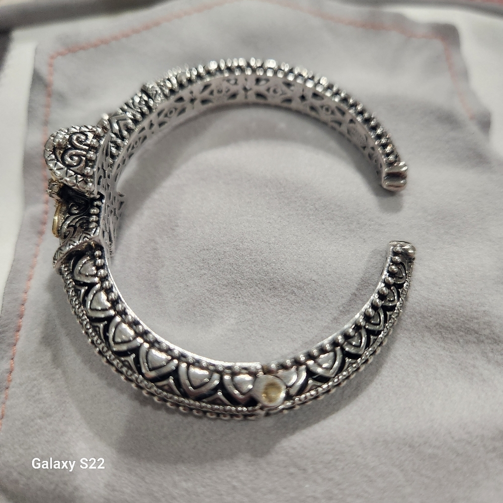 Barbara Bixby Bold .925 Silver, 18k Gold w/ White Topaz Gemstone Hinged Cuff - Picture 9 of 11